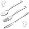 Line art cutlery, fork, knife, spoon and chef hat.