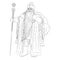 Line art of Ded Moroz with a bag behind his back and a staff.