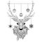 Line art design of Christmas deer head with decorative balls and snowflakes and flowers. Vector illustration