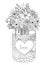 Line art design of flowers on a mason jar for engraving,Valentines card, coloring book page and another design element.Vector illu