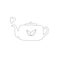 Line art doodle teapot with leaves. Hot steam in heart shape. Kitchen utensil.