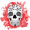 Line art hand drawing black skull isolated on white background with red watercolor blots. Doodle style. Tatoo. Zenart