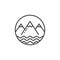 Line art icon of mountains and pond waves in a round frame