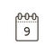 Line art icon of the tear-off calendar with number nine on sheet