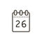 Line art icon of the tear-off calendar with number twenty six on sheet