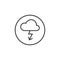 Line art icon of thunder storm cloud in a round frame