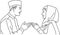 Line Art Illustration of two Muslims man and woman touch each other hand in Ied Fitri moment