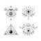 Line art mystic eye tattoo set. Providence sight. Geometric mystical evil symbol, all seeing eye