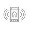 Line art ringing smartphone icon with house sign and signal waves