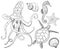 Line art set with octopus and underwater animals. Hand painted seahorse, turtle, starfish and shell isolated on white