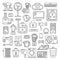 Line art style flat graphical set of home kitchen electronic device web site mobile app icons. Climate computer sewing washing