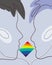 Line art two faces surreal abstract human face of men or women listening to music, couple with flag in rainbow tone color. Human