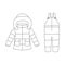 Line art winter coat and overalls for children. Warm clothes elements. Doodle style.