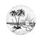 Line beach landscape with palms and sunset. Round emblem, card, tattoo or design element.