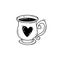 Line black and white illustration of exquisite mug, cup of tea or coffee with heart in doodle style isolated on a white