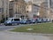 Line of blue police vans in frankfurt germany