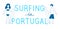 Line blue surfers with surfboards with lettering in Portugal. Vector illustration.