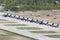 Line of brand new Yakovlev Yak-130 military jets standing at Klin air force base on a Victory Day.