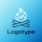 Line Campfire icon isolated on blue background. Burning bonfire with wood. Colorful outline concept. Vector Illustration