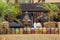 Line of canned vegetables and fruits on the tables at the arabian kitchen