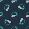 Line Cloudy with rain and sun icon isolated seamless pattern on black background. Rain cloud precipitation with rain