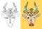 Line decorative drawing of indian cow head, floral stylized