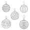 Line drawing of Christmas balls  with small different decor on white isolated background.