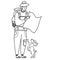 Line drawing doodle. A tourist man in trousers with pockets and a hat is standing with a backpack in the hands of a map