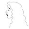 Line drawing, elegant portrait of a young woman with long curly hair and closed eyes. Logo for beauty products, beauty