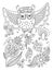 line drawing of forest elements - owl, flowers, mushrooms, berries, insect, ladybird