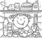 Line drawing of a girl looking inside fridge with food, vector clipart