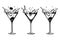 Line drawing of martini glasses. A set of glasses with wine, olives and cherries. Black and white design. Icons