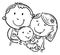 Line drawing of parents hugging baby. Happy cartoons mother and father embrace child