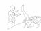 Line drawing of a patient kicking drugs out of nurses hand