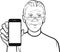 Line drawing of a senior man in glasses showing a mobile app on