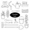 Line drawing set of gardening equipment on white isolated background. Pots with flowers and plants, boots, rake, shovel, watering