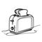 A line drawing of a toaster with two slices of bread popping out, surrounded by a small mess.