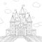 Line drawn fantasy castle with simple stone pattern. Towers with flags and small windows, sky, field, clouds.