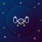 Line Drone flying with action video camera icon isolated on blue background. Quadrocopter with video and photo camera