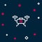 Line Drone flying icon isolated on blue background. Quadrocopter with video and photo camera symbol. Colorful outline