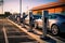 A line of electric vehicles parked together in an organized row, Charging stations in a parking lot full of electric cars, AI