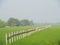 The line of fence in the rice field at Thai countryside, Morning light fog With the concept of rural life, nature, simplicity, ref