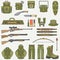 Line flat color vector hunt and camping equipment icon set. Hunter equipment, armament. Retro cartoon style. Wildlife