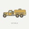 Line flat color vector icon service staff refueller army truck. Military vehicle. Cartoon vintage style. Cargo