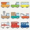 Line flat color vector icon set cute retro city auto . Emergency assistance vehicle. Cartoon style. Urban truck. Police