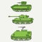 Line flat color vector icon set infantry assault army tank. Military vehicle. Cartoon vintage style. Soldiers. Armored