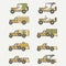 Line flat color vector icon set service staff open body diesel army truck. Military shell vehicle. Cartoon vintage style