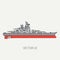 Line flat vector color icon naval battleship. Dreadnought warship. Cartoon vintage style. War. Navy. Ocean. Sea. Guns