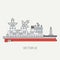 Line flat vector color icon scientific ship. Research fleet. Cartoon style. Scholars. Sonar. Telemetry. Ocean