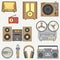 Line flat vector icon set with retro electrical audio devices. Analog broadcast. Music fan. Cartoon style. Nostalgia